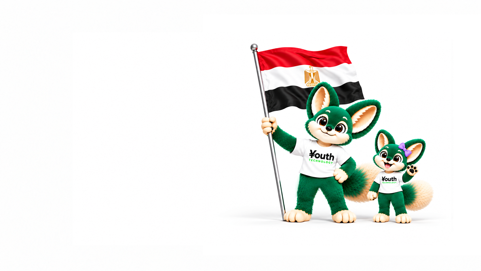 Youth Technology mascot holding a raised Egyptian flag beside a cheerful young mascot waving at the camera